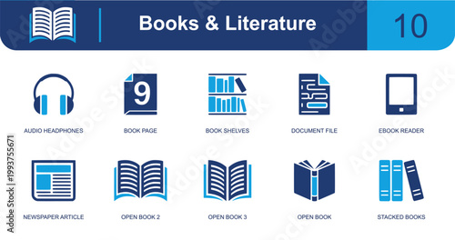 Books and literature icon set. Containing headphones, book pages, bookshelf, document, ebook reader, newspaper, open book, booklet, stacked books and more. Solid fill vector icons.