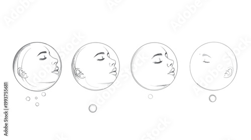 Four grayscale, semi-realistic illustrations of a woman's face within spheres, hinting at dreams