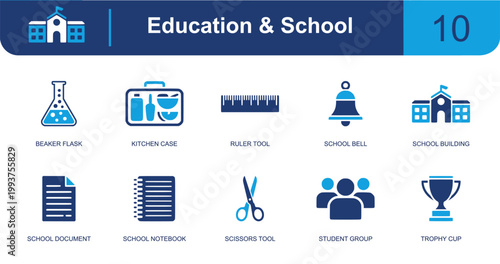 Education and school icon set. Containing beaker flask, lunch box, ruler, school bell, school building, document, notebook, scissors, student group and more. Solid fill vector icons.