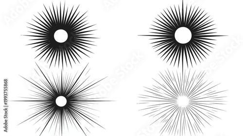 Four black radial bursts with circular cores against a white background. Each has a different ray count