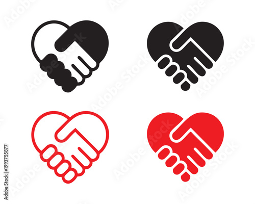 Heart handshake icon set in red and black colors vector illustration isolated on white background art.