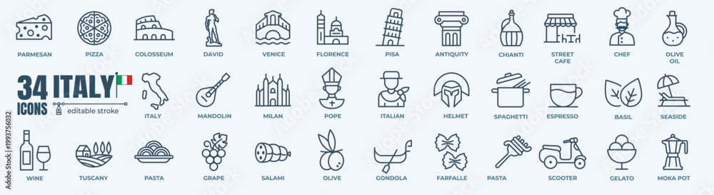 Naklejka premium Italy and italian food minimal thin line web icon set. Outline editable icons collection. Simple vector illustration.