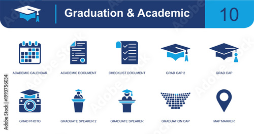 Graduation and academic icon set. Containing calendar, document, checklist, grad cap, graduate speaker, graduation photo, map marker, diploma symbols and more. Solid fill vector icons.