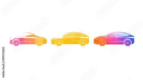 Three gradient-colored vehicles are displayed against a white background, isolated and side-viewed