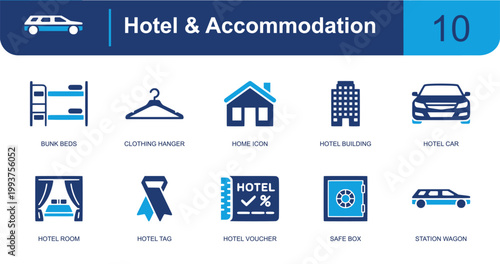Hotel accommodation icon set. Containing bunk beds, hanger, home icon, hotel building, hotel car, hotel room, hotel voucher, safe box, station wagon and more. Solid fill vector icons.