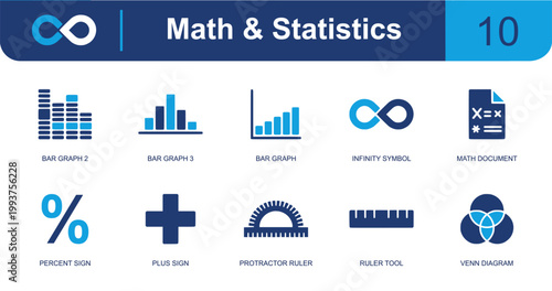 Math and statistics icon set. Containing bar graph, percent sign, plus sign, protractor, ruler, venn diagram, infinity symbol, math document, chart and more. Solid fill vector icons.
