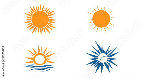 Four stylized sun illustrations in orange and blue, with varying designs. White background