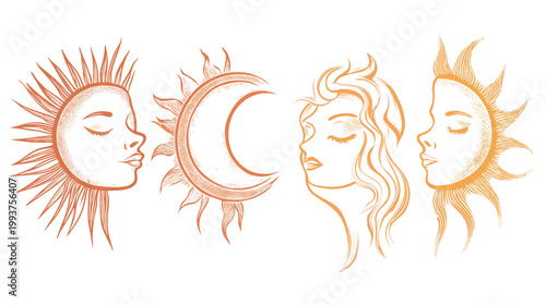 Illustration of celestial bodies including sun, moon, and stylized human faces, orange tones