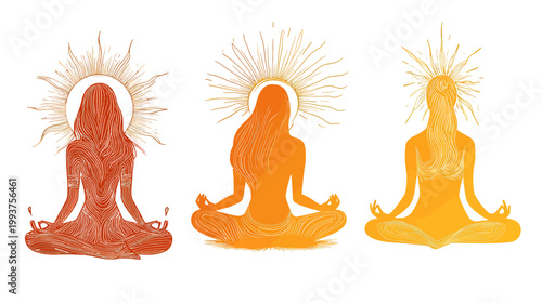 Three stylized silhouettes of women in meditation pose, radiating halos, in warm gradient colors