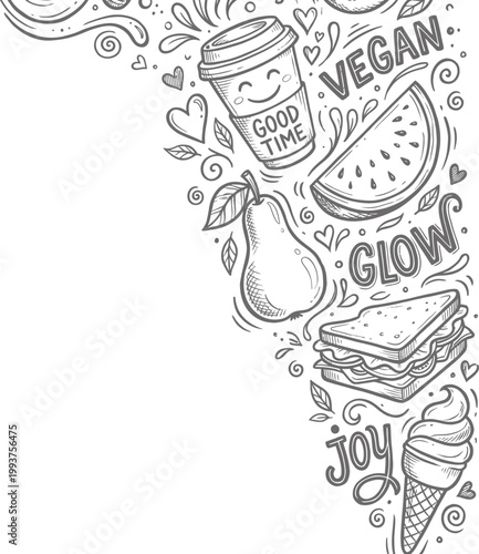 Hand drawn doodle food and drink set with coffee, watermelon, pear, sandwich, ice cream and lettering