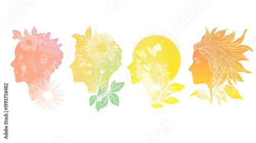 Four feminine profile silhouettes with floral and leaf motifs, watercolor style, in a row