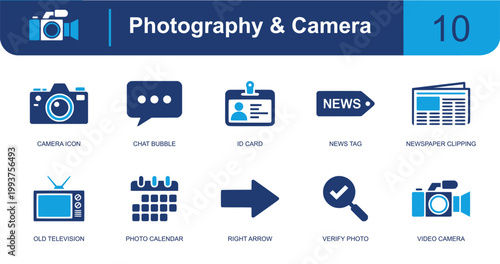 Photography and camera icon set. Containing camera, chat bubble, ID card, news tag, newspaper, old television, photo calendar, verify photo, video camera and more. Solid fill vector icons.