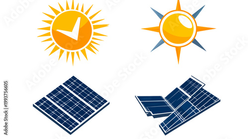 Collection of illustrations depicting renewable energy with sun icons and solar panel designs