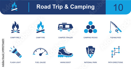 Road trip and camping icon set. Containing campfire, camper trailer, fishing rod, flashlight, fuel gauge, hiking boot, national park, route sign, rocks and more. Solid fill vector icons.
