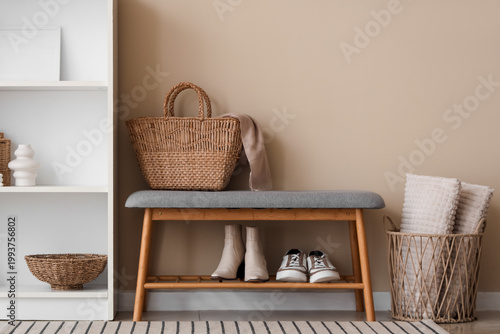 Bench with wicker bag and s...