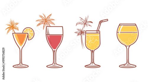 A group of cocktail illustrations, with drinks featuring different ingredients, and palm tree decorations