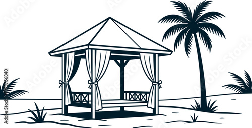 Gazebo on the beach with palm trees, tropical vacation concept, vector illustration