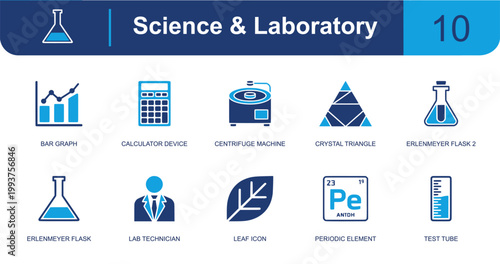 Science and laboratory icon set. Containing bar graph, calculator, centrifuge, crystal, erlenmeyer flask, lab technician, leaf, periodic element, test tube and more. Solid fill vector icons.