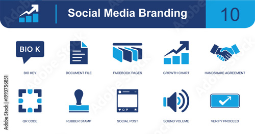 Social media branding icon set. Containing bio key, document file, page stack, growth chart, handshake, QR code, rubber stamp, social post, sound volume and more. Solid fill vector icons.