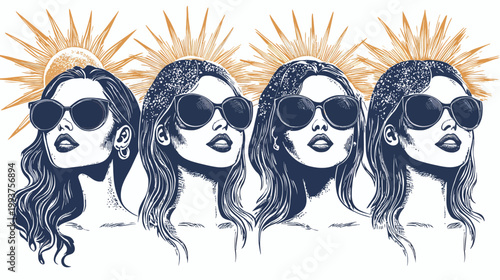 Illustration of four women wearing sunglasses, with sun motifs. A blue and gold artistic composition