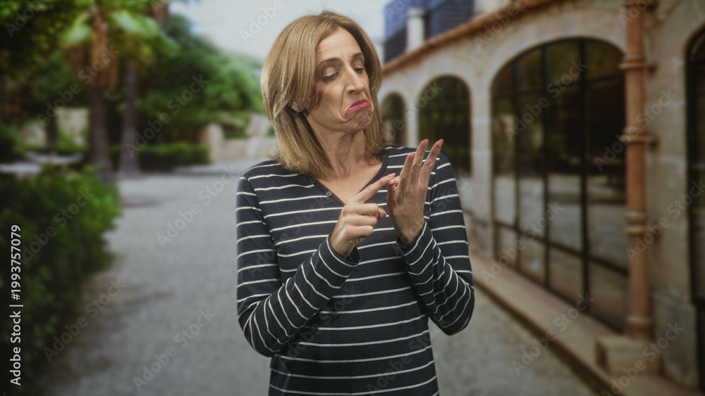 Fototapeta premium Woman counting and touching fingers on a narrow cobbled street by an arched building; confusion counting.
