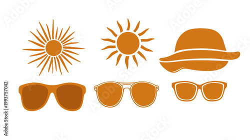 Stylized summer vacation themed illustrations. Featuring suns, sunglasses and a sun hat in shades of orange