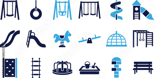 Foto Set of playground equipment icons in blue and dark blue colors for parks and outdoor recreation