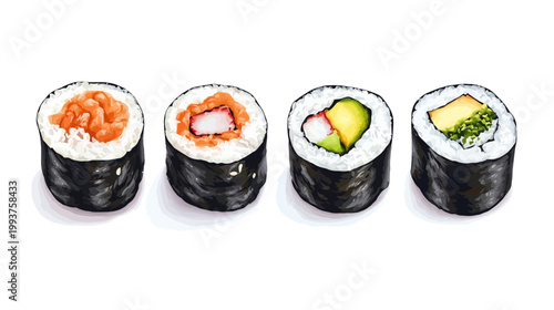 Four pieces of fresh, colorful sushi rolls arranged on a white background. Details include fillings