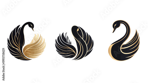 Three stylized illustrations of a swan rendered in black and gold on a white background