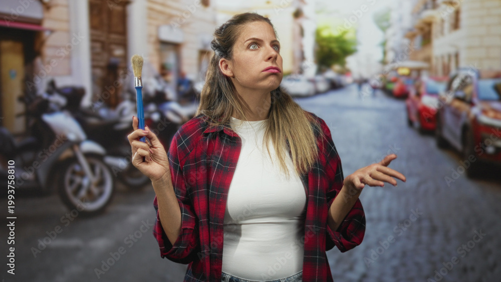 Fototapeta premium Woman painter holds brush up in hand and looks upward on street, wearing red plaid shirt and white top; creative contemplation.