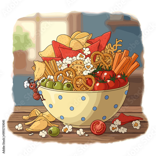 A cartoon illustration of a large yellow polka-dotted bowl overflowing with a variety of party snacks like chips, popcorn, pretzels, vegetables, and olives, with an ant climbing on the side.