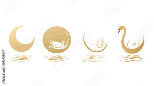 Four stylized illustrations, featuring crescent moons, circles, wings, and swans in gold hues