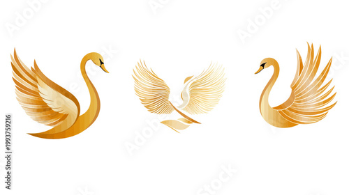 Golden swans in various poses, showing different stages of flight and design. White background
