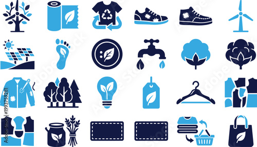 Eco friendly sustainable fashion icons for green clothing industry and apparel.