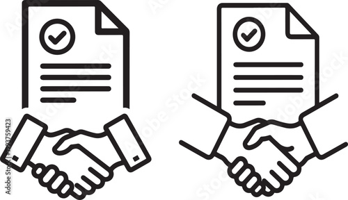  Black line icon of two hands shaking under a checked document on white background