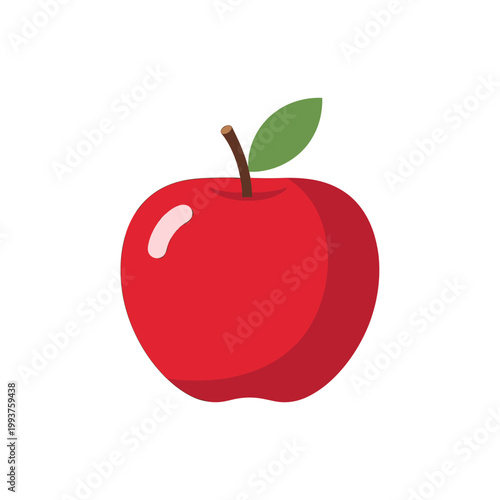 A vibrant red apple with a green leaf and stem, isolated on a white background.