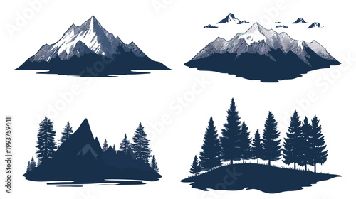 Collection of four minimalistic illustrations depicting mountains and pine forests in varying compositions