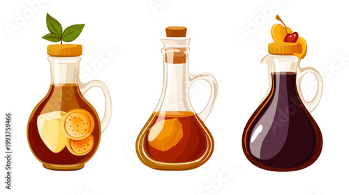 Three illustrated bottles of various liquids with unique garnishes and corks