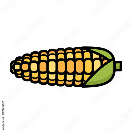 A stylized illustration of a ripe ear of corn with yellow kernels and green husks, presented horizontally against a white background.