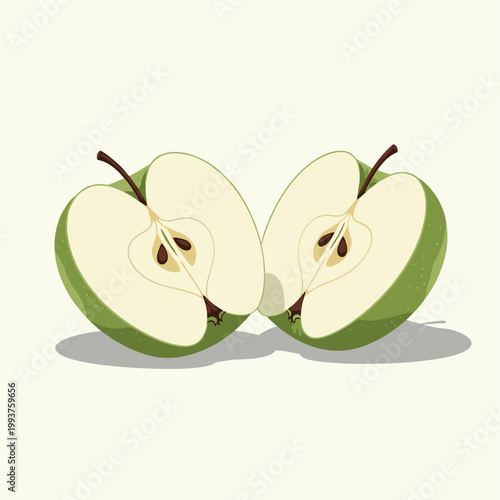 A close-up illustration of a green apple sliced in half, revealing its core and seeds, set against a plain background.