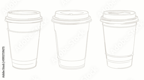 Three minimalist line drawings of disposable coffee cups with lids, side by side, on white background