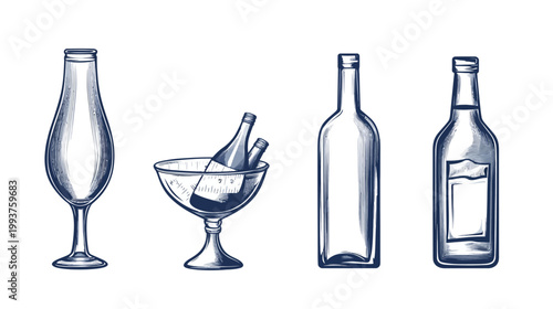 Line art illustration of various drinkware, including a glass, wine bottles, and an ice bucket