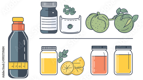 Illustration featuring various containers, measuring tape, lemons, leaves, and a peculiar fruit