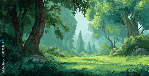 Serene Green Forest Landscape With Trees And Grass For Nature Backgrounds