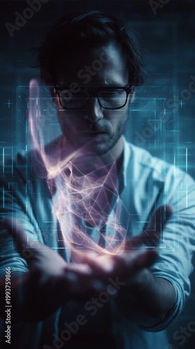 Business professional interacting with a futuristic AI-powered holographic interface, visualizing data in 3D, emphasizing innovation, high-tech workflow, and modern corporate efficiency.