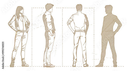 Artistic depiction of four individuals in various poses, drawn with hatching technique