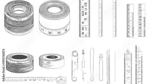 An illustration of tools, including measuring tapes, rulers, and various sewing/craft items