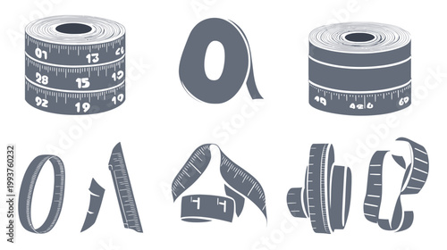 Stylized illustrations of measuring tapes and tape measures in gray scale on a white background