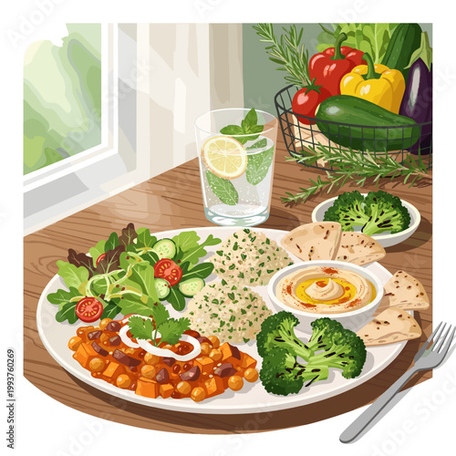 A vibrant and healthy vegan meal featuring a colorful assortment of fresh vegetables, hummus, pita bread, and a refreshing drink.