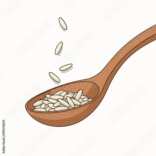 White rice grains falling into a wooden spoon on a plain background.